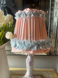 “Cynthia” Handmade Pleated Lampshade in Vintage 1950s Peach Floral Fabric with Blue Frill