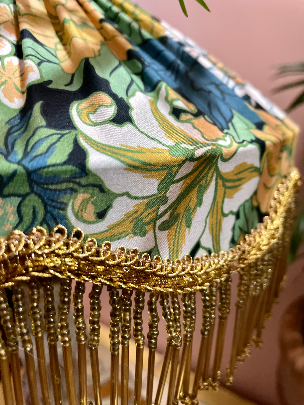 Handmade Floral Lampshade with Gold Bead Fringe