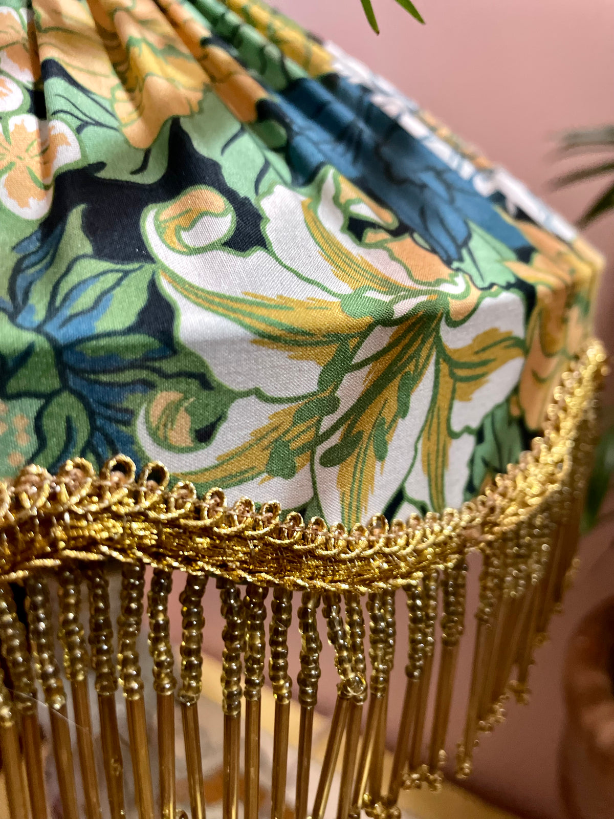 Handmade Floral Lampshade with Gold Bead Fringe