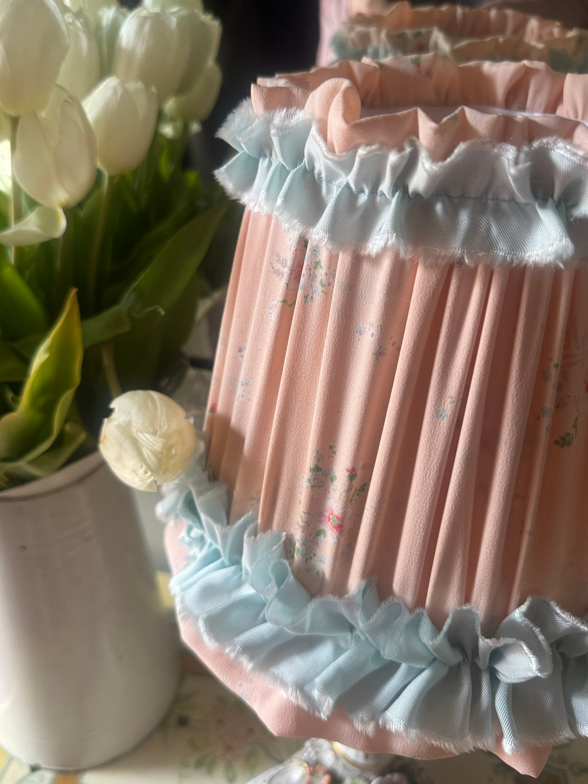 “Cynthia” Handmade Pleated Lampshade in Vintage 1950s Peach Floral Fabric with Blue Frill