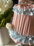 “Cynthia” Handmade Pleated Lampshade in Vintage 1950s Peach Floral Fabric with Blue Frill
