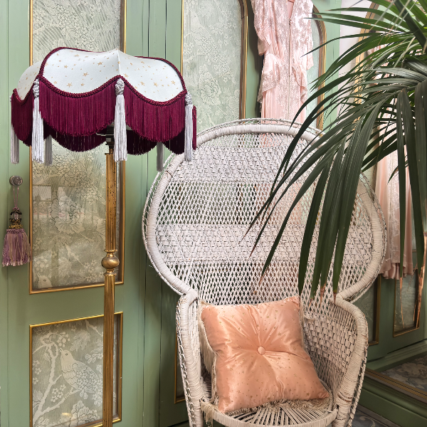 Handmade Pale Blue Satin and Gold Star Fringe Lampshade