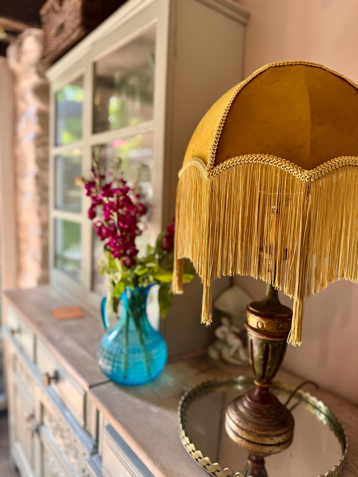 Handmade Mustard Velvet Lampshade with Gold Silk Fringe