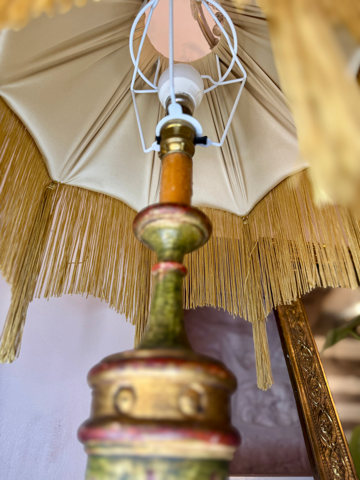 Handmade Mustard Velvet Lampshade with Gold Silk Fringe