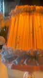 “Cynthia” Handmade Pleated Lampshade in Vintage 1950s Peach Floral Fabric with Blue Frill