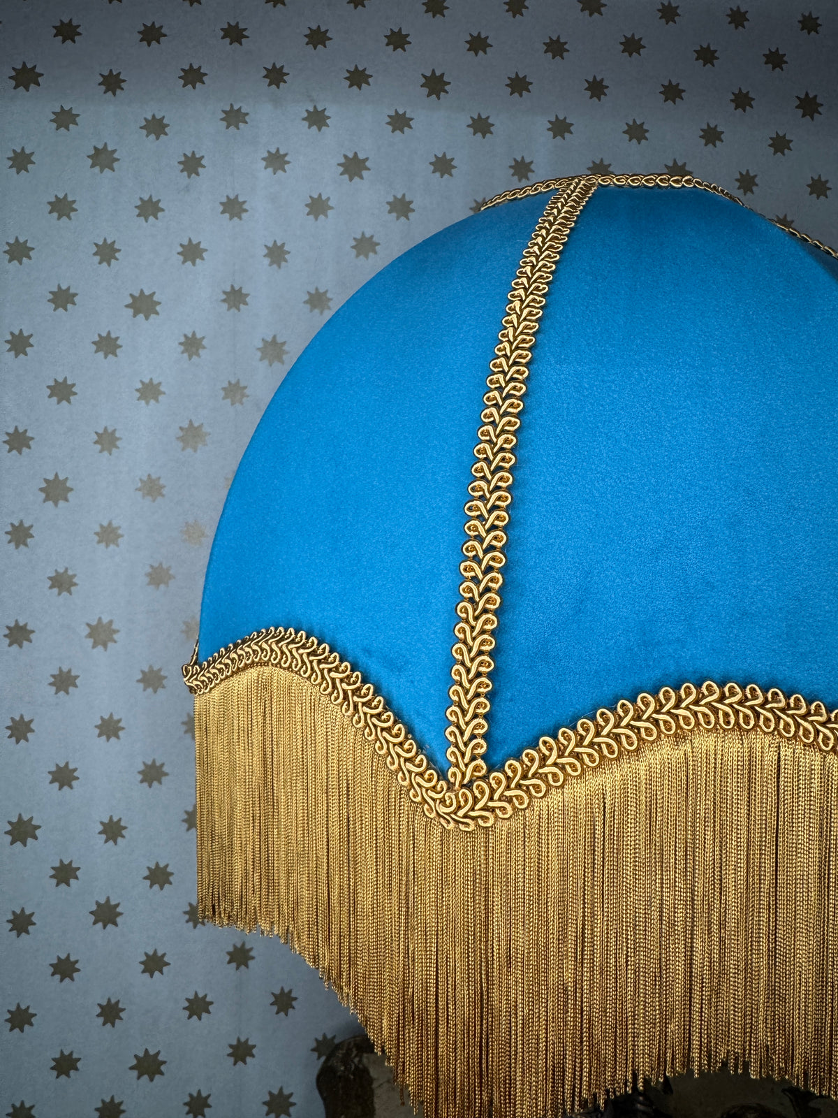 Handmade Sky Blue Velvet Lampshade With Gold Fringe