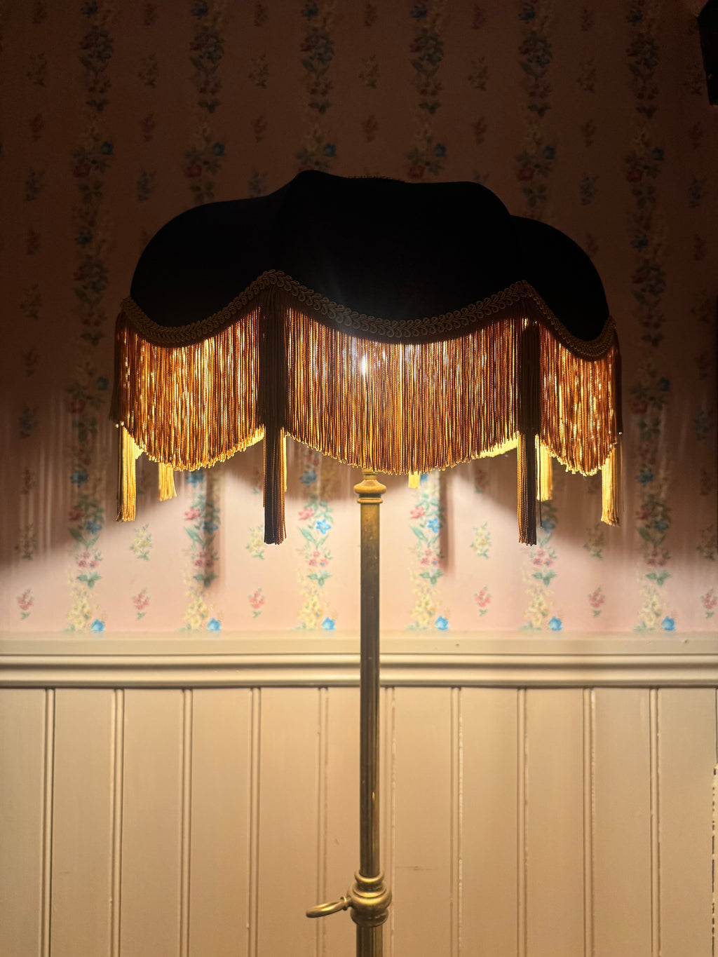 Handmade Navy Blue Velvet Fringe Lampshade With Gold Silk Fringe & Tassels