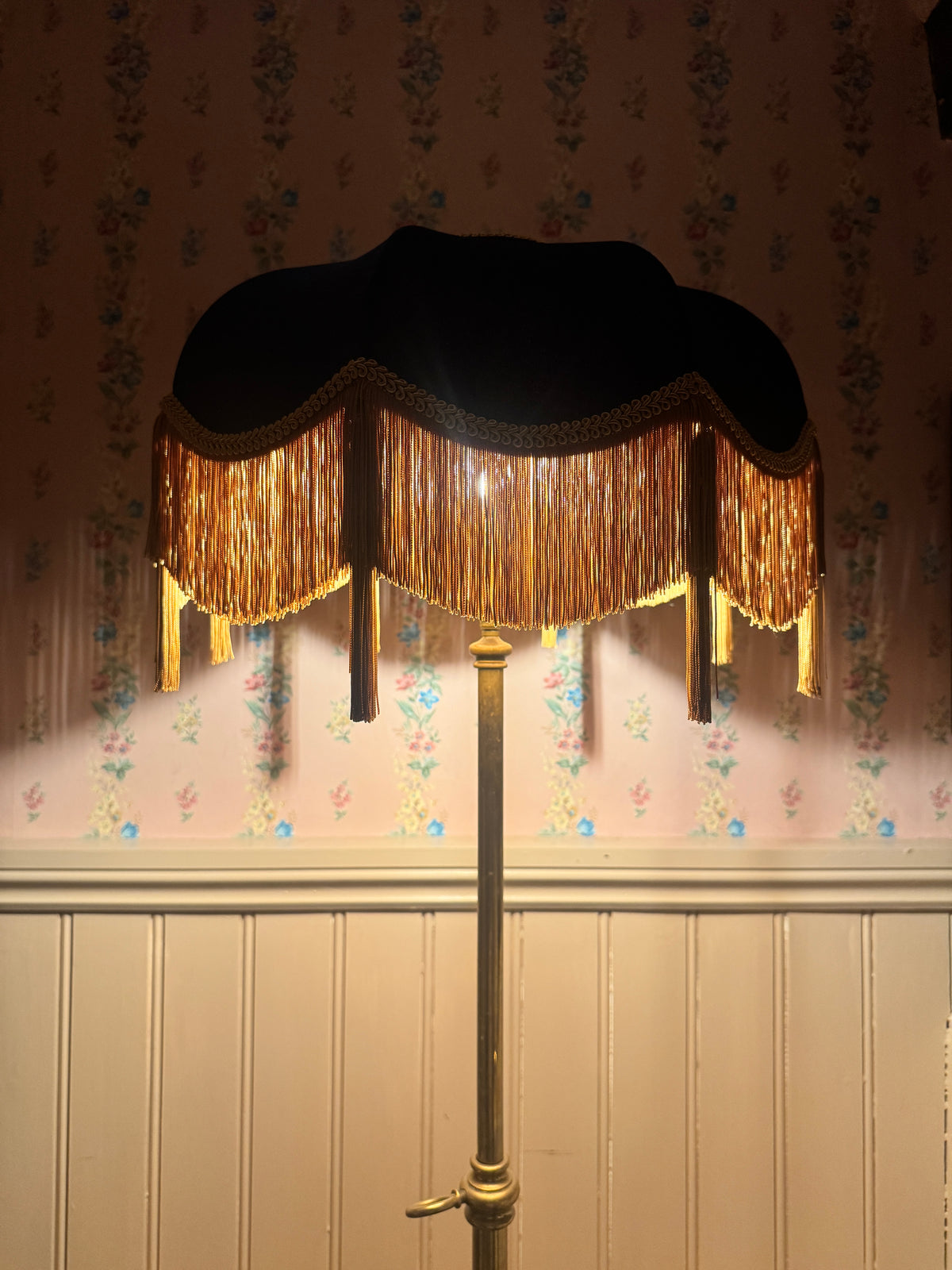 Handmade Navy Blue Velvet Fringe Lampshade With Gold Silk Fringe & Tassels