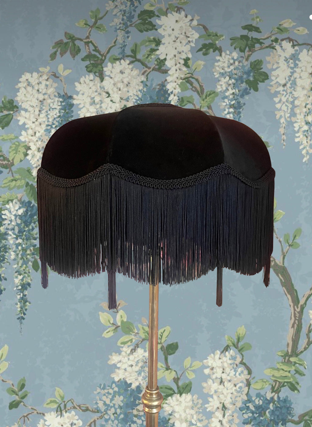 Handmade Black Velvet Fringe Lampshade with Extra Long Silk Tassels