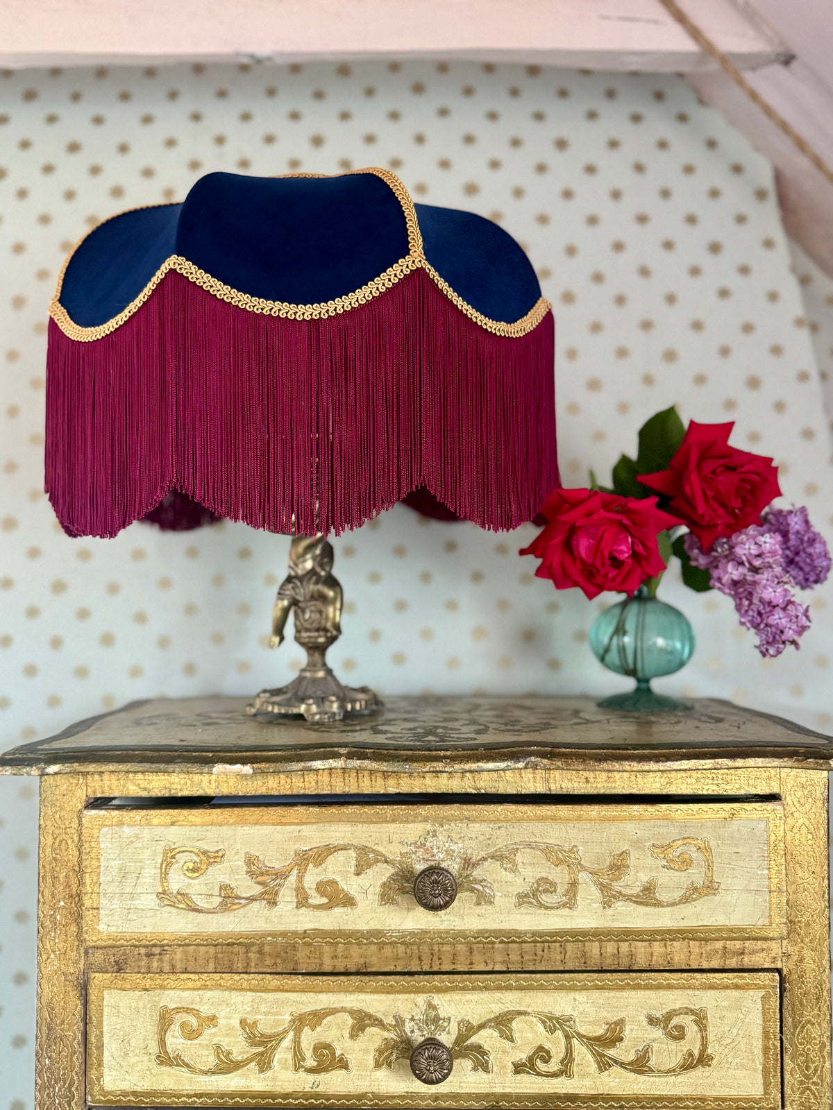 Handmade Navy Blue Velvet Fringe Lampshade With Red Wine Fringe and Gold Silk Braid