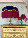 Handmade Navy Blue Velvet Fringe Lampshade With Red Wine Fringe and Gold Silk Braid