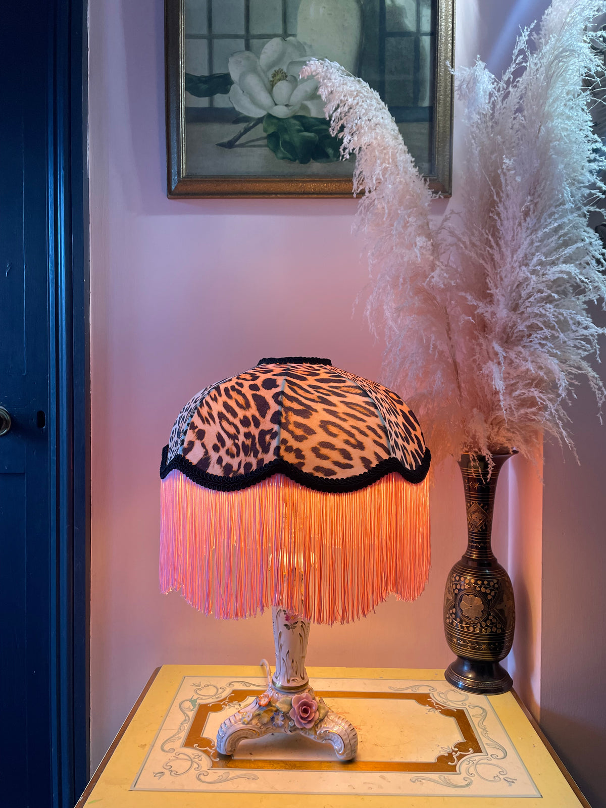 Handmade Leopard Velvet and Pink Fringe Lampshade