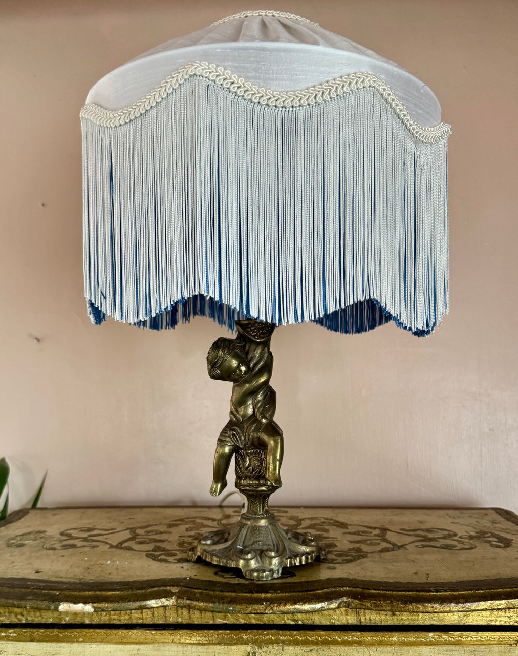 Handmade White Silk Pleated Lampshade with  White & Blue Two Tone Fringe