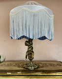 Handmade White Silk Pleated Lampshade with  White & Blue Two Tone Fringe