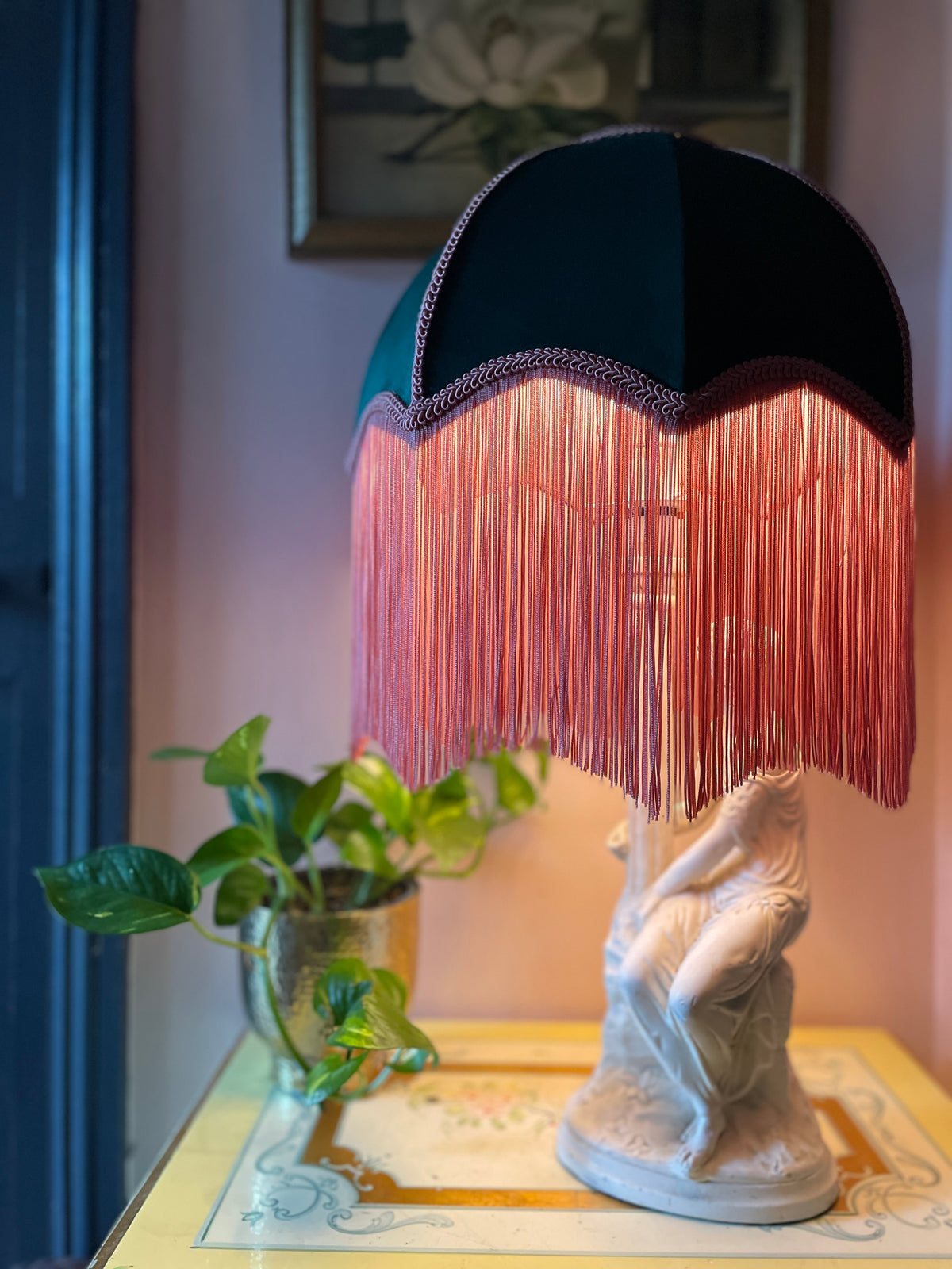 Handmade Bottle Green Velvet and Dusky Pink Fringe Lampshade