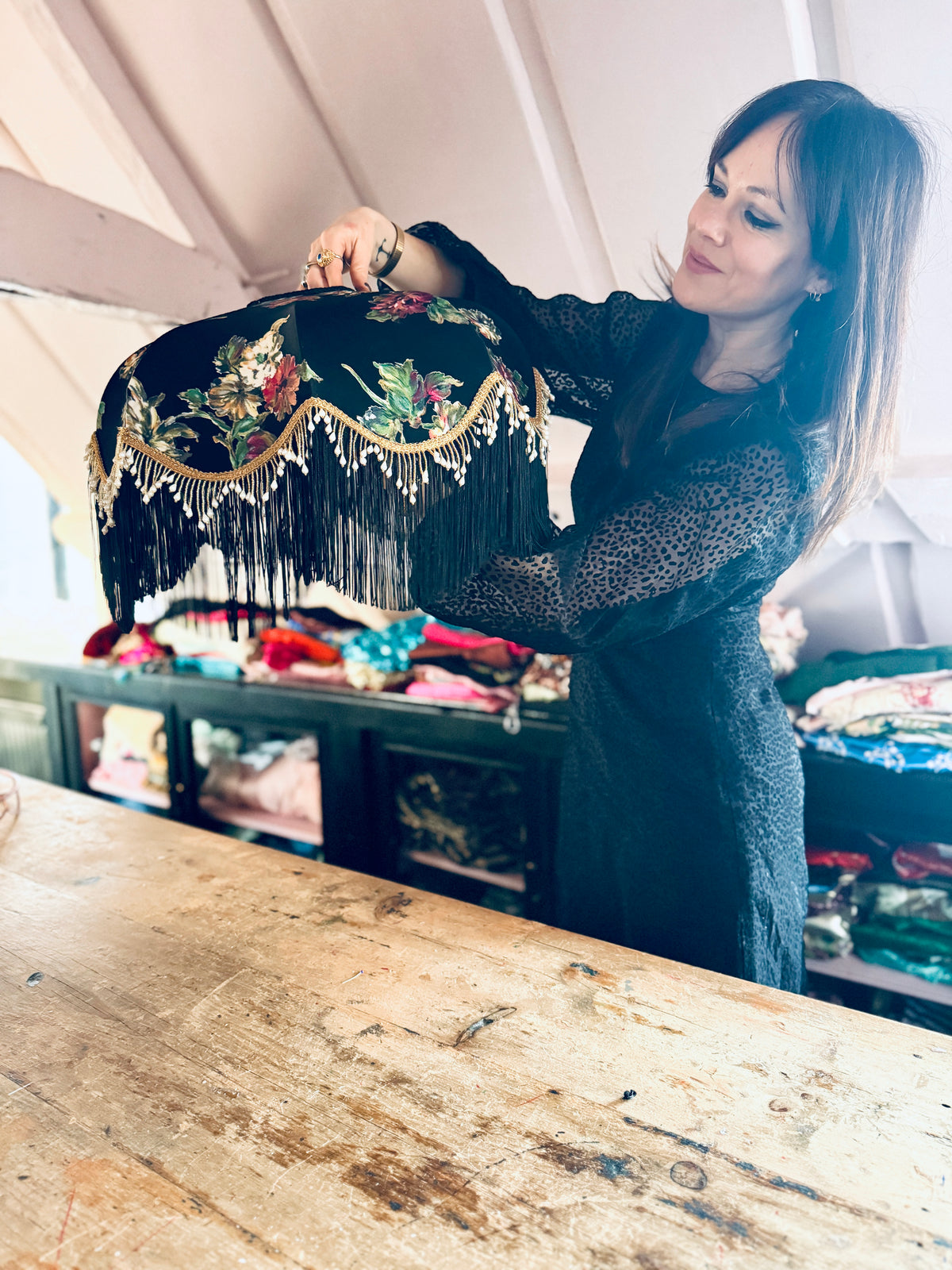 Handmade Black Floral Vintage Fringe Lampshade - One Of A Kind