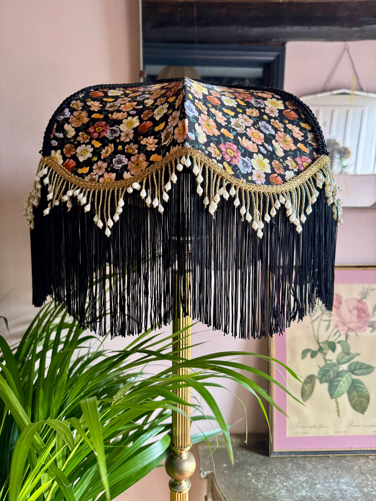 Handmade Black Floral Liberty Fringe Lampshade - One of a kind