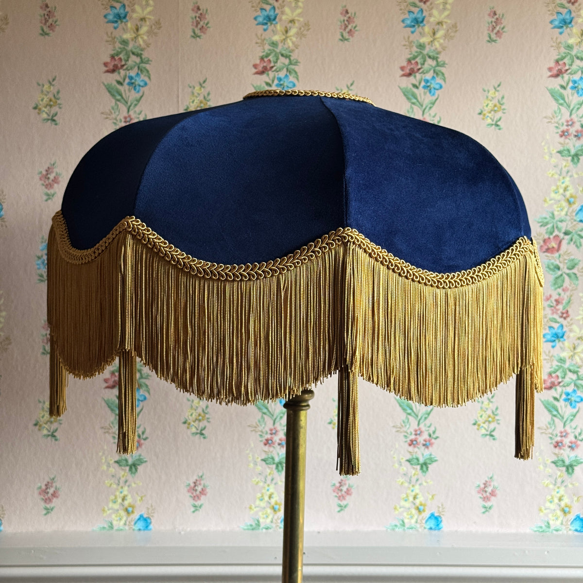 Handmade Navy Blue Velvet Fringe Lampshade With Gold Silk Fringe & Tassels