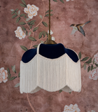 Handmade Navy Blue Velvet Fringe Lampshade With Ivory Fringe and Matching Silk Braid