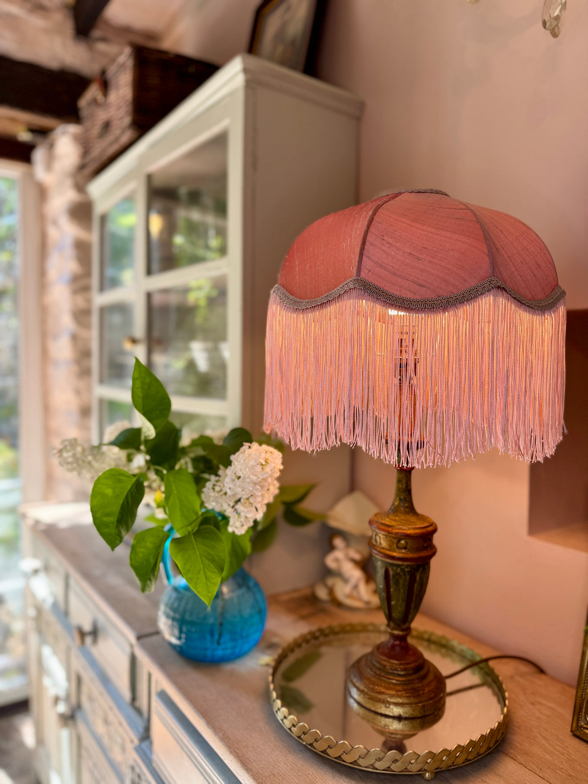 Handmade Antique Rose Pink Silk Fringe Lampshade