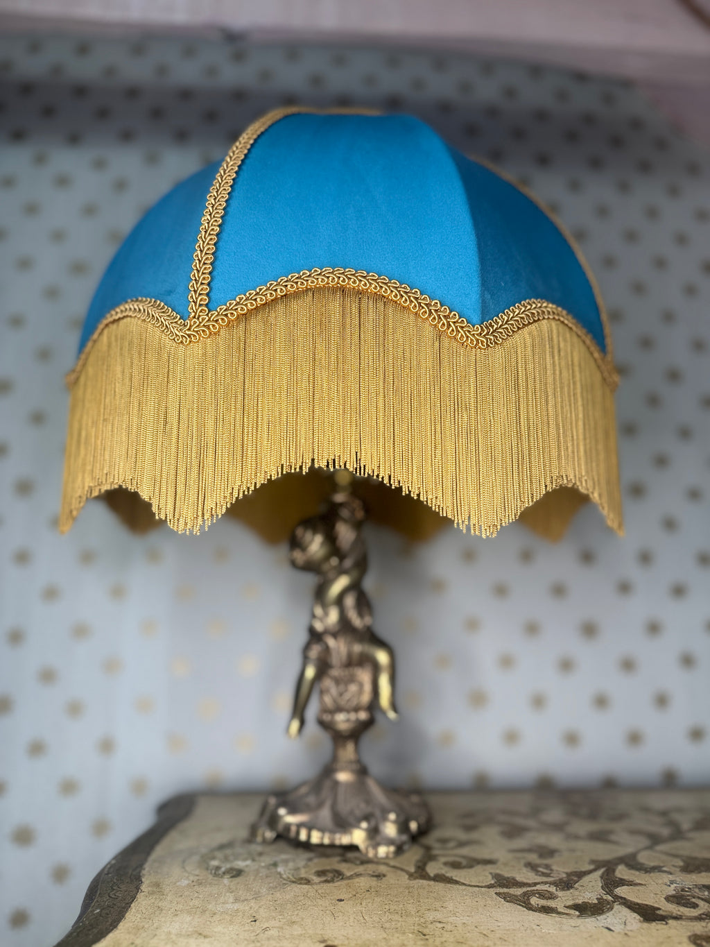 Handmade Sky Blue Velvet Lampshade With Gold Fringe