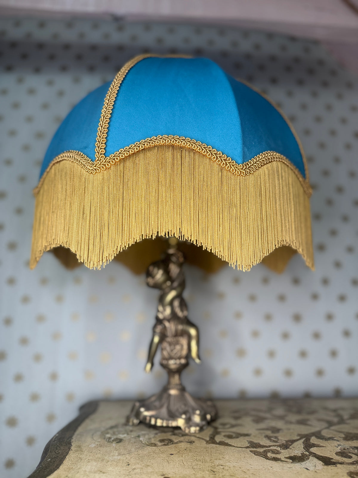 Handmade Sky Blue Velvet Lampshade With Gold Fringe