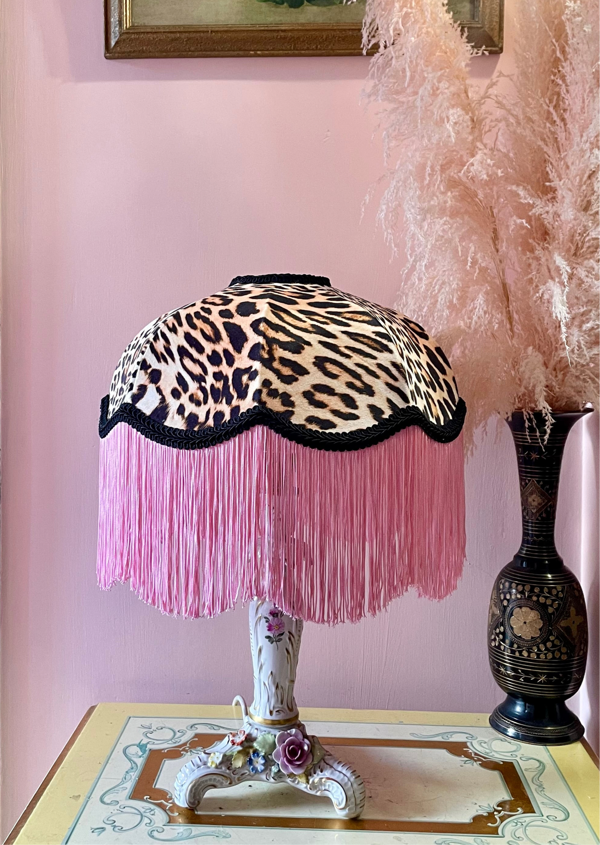 Handmade Leopard Velvet and Pink Fringe Lampshade