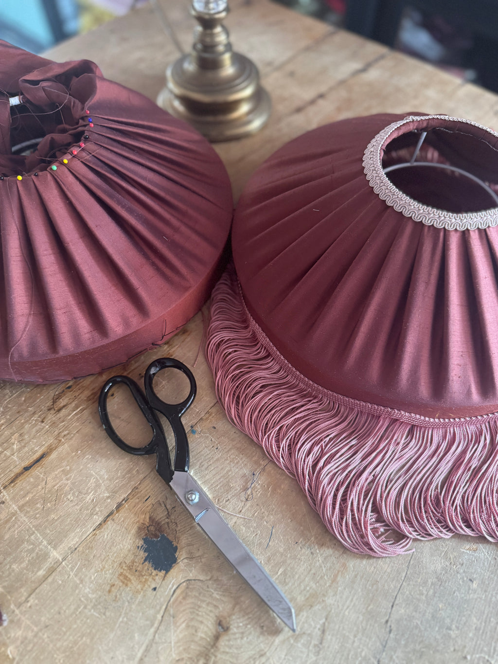 Handmade Copper Silk Lampshade with Tone Silk Fringe