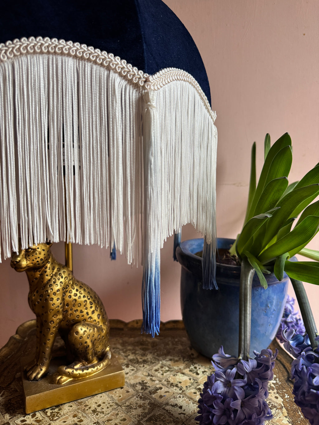 Handmade Navy Blue & White Dip Dye Fringe Lampshade