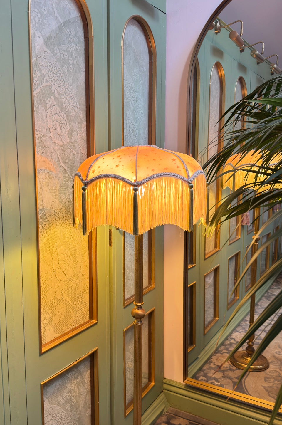 Handmade Peach Satin and Gold Star Fringe Lampshade