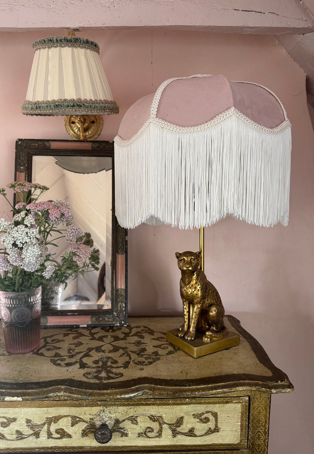 Handmade Dusky Pink Velvet & Ivory Fringe Lampshade