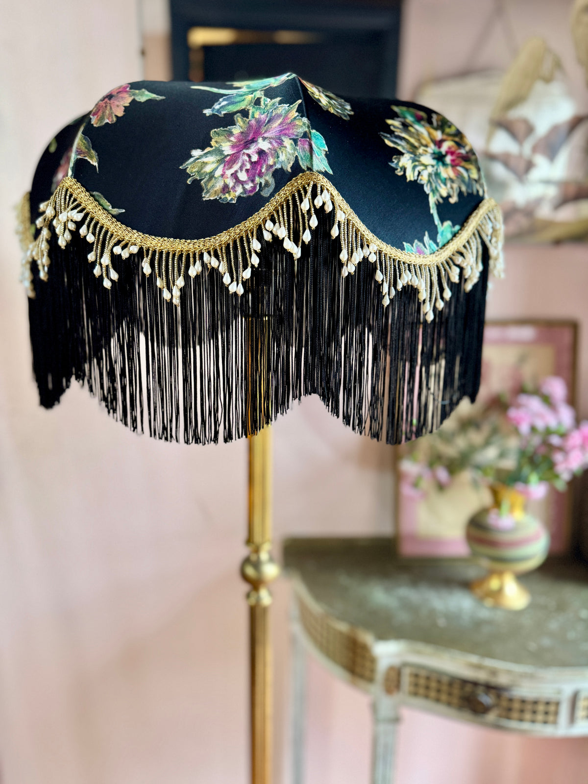 Handmade Black Floral Vintage Fringe Lampshade - One Of A Kind