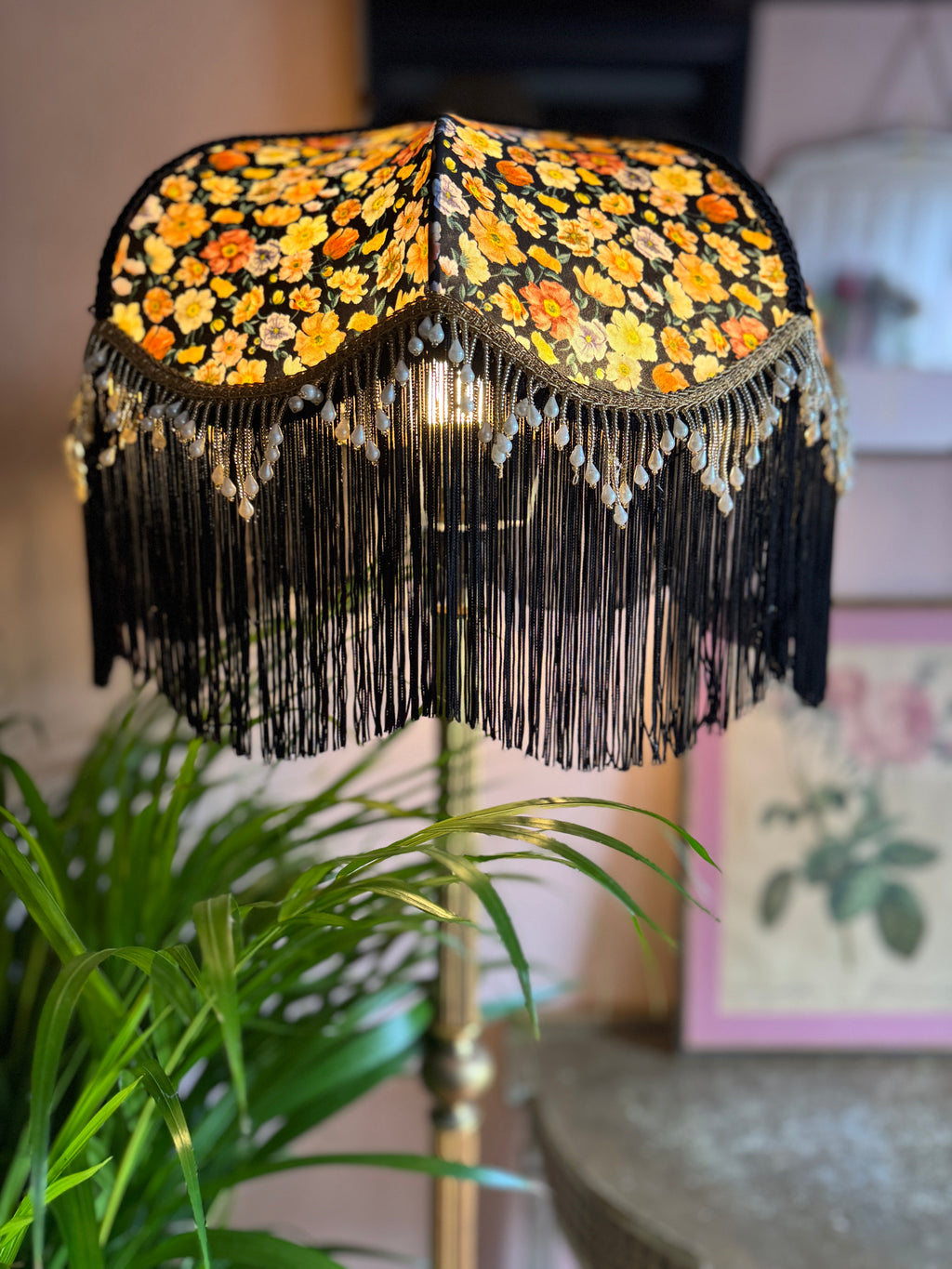 Handmade Black Floral Liberty Fringe Lampshade - One of a kind