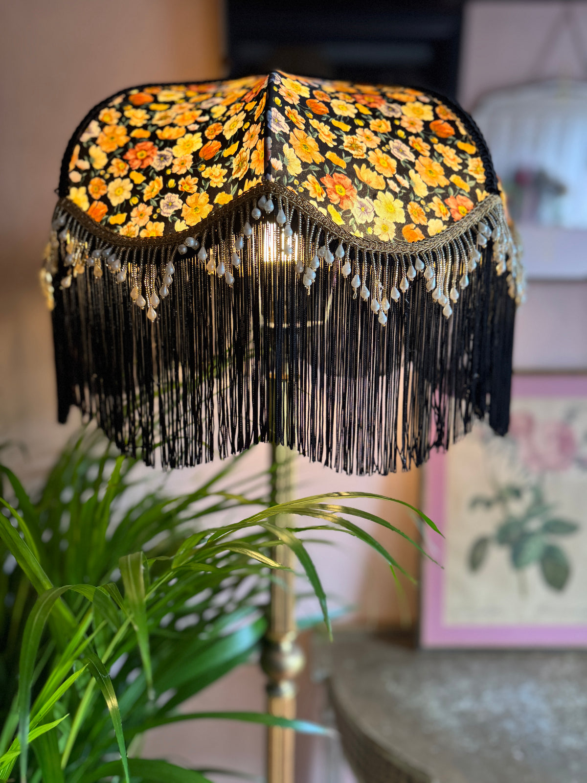 Handmade Black Floral Liberty Fringe Lampshade - One of a kind