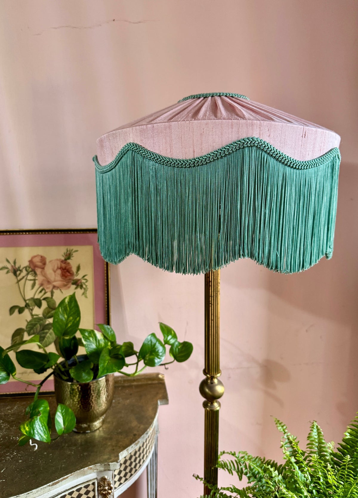 Handmade Pale Pink & Mint Green Silk Pleated Fringe Lampshade