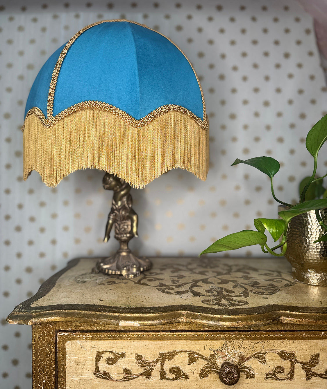 Handmade Sky Blue Velvet Lampshade With Gold Fringe