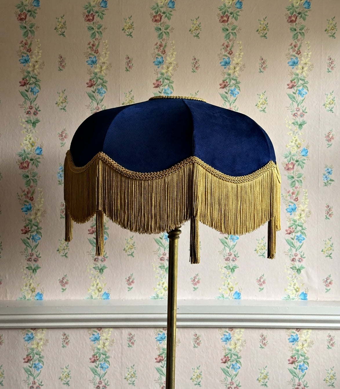 Handmade Navy Blue Velvet Fringe Lampshade With Gold Silk Fringe & Tassels