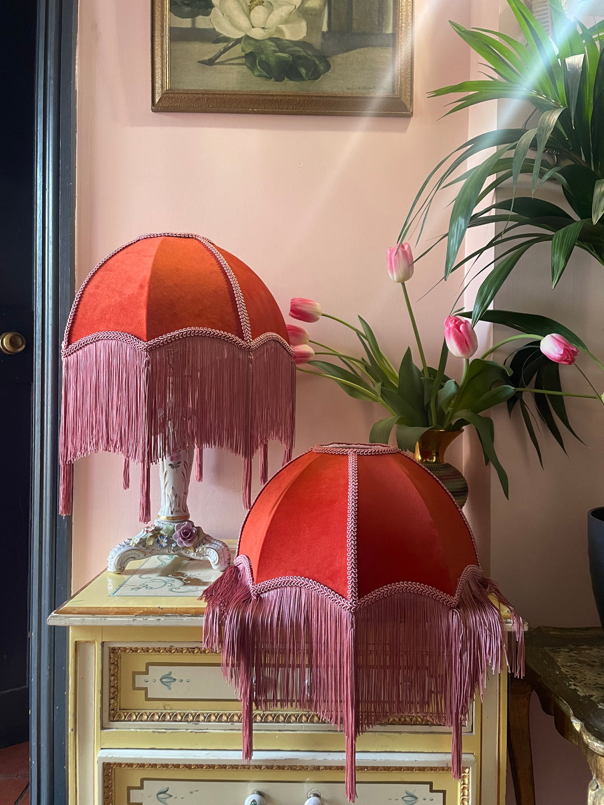 Handmade Coral Velvet and Dusky Pink Fringe Lampshade