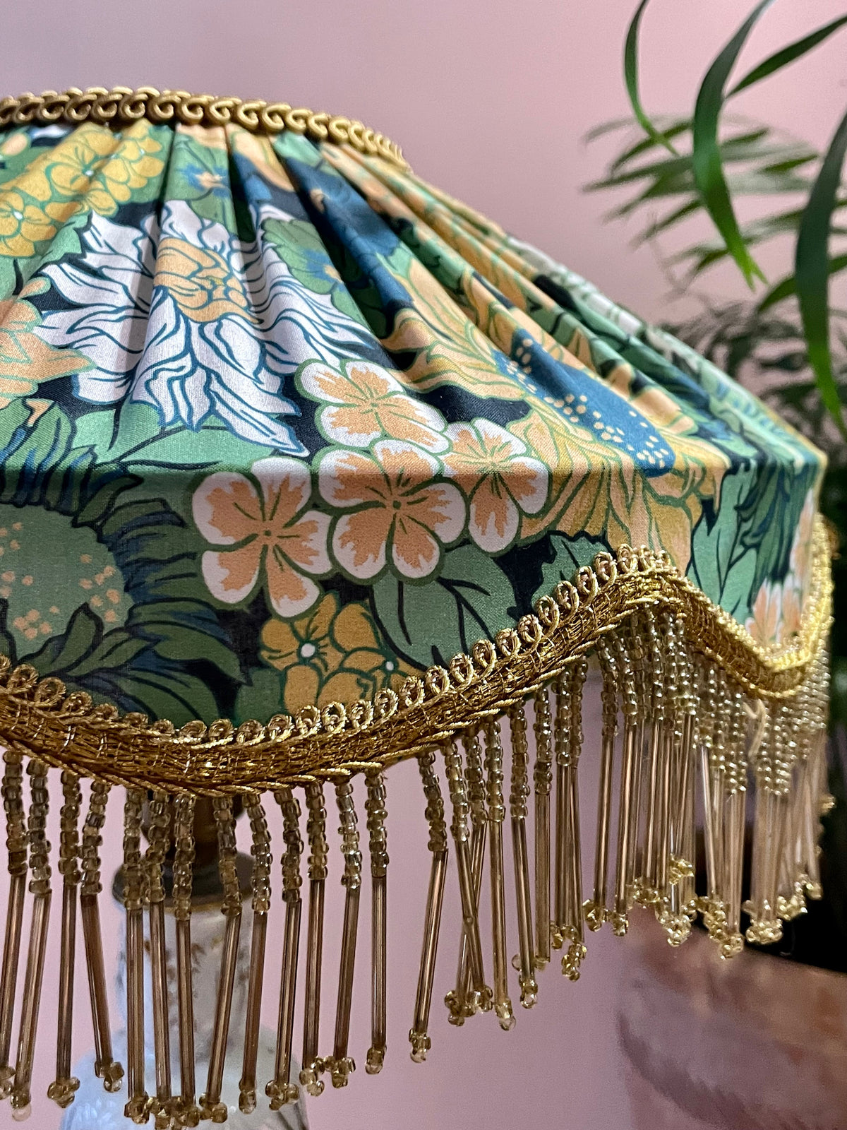 Handmade Floral Lampshade with Gold Bead Fringe