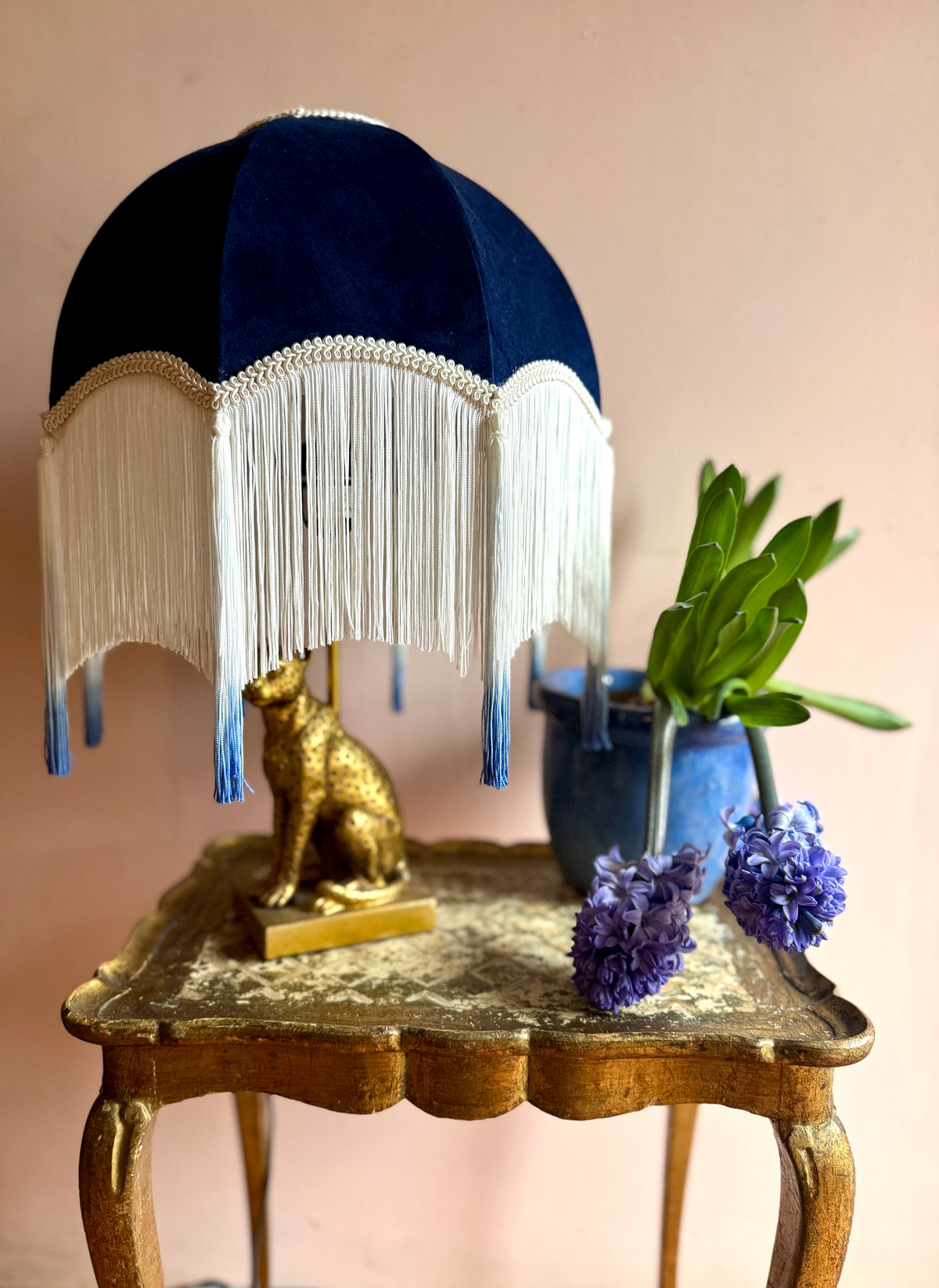 Handmade Navy Blue & White Dip Dye Fringe Lampshade