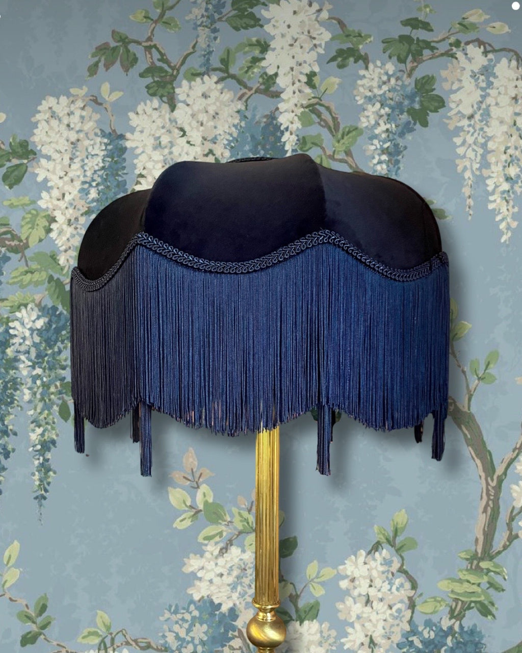 Handmade Navy Blue Velvet Fringe Lampshade With Extra Long Silk Tassels