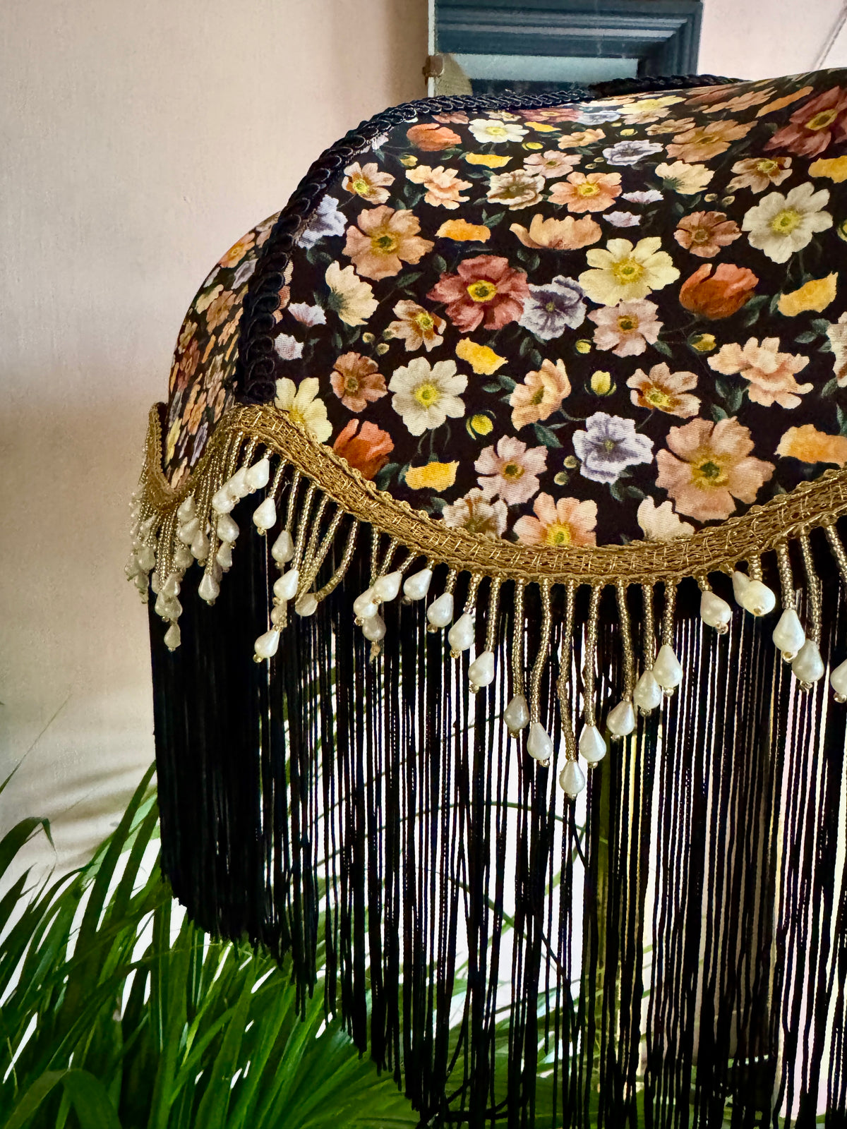 Handmade Black Floral Liberty Fringe Lampshade - One of a kind