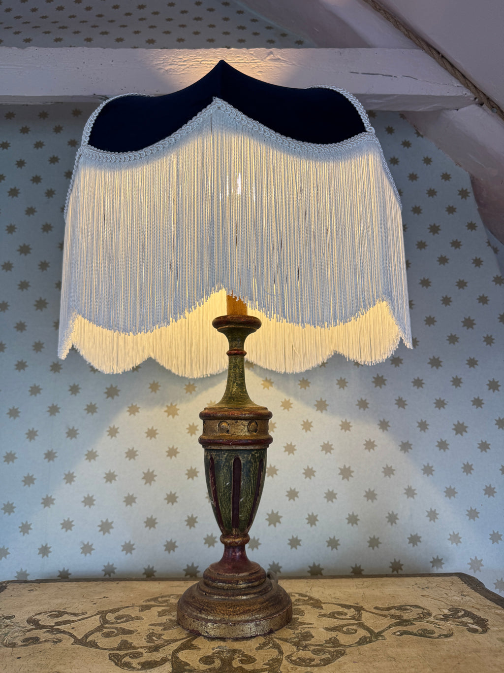 Handmade Navy Blue Velvet Fringe Lampshade With Ivory Fringe and Matching Silk Braid