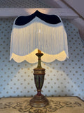 Handmade Navy Blue Velvet Fringe Lampshade With Ivory Fringe and Matching Silk Braid
