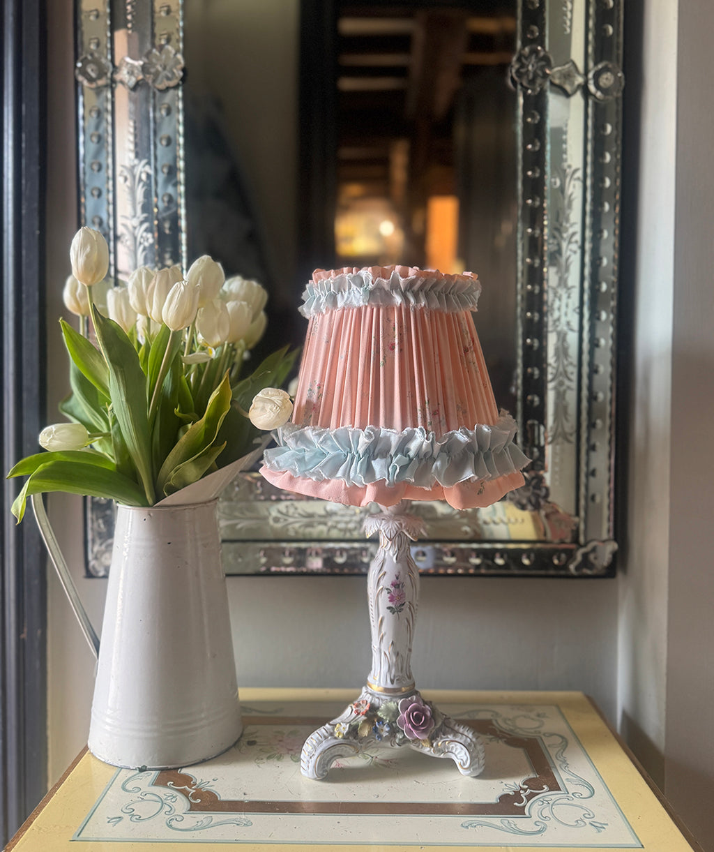 “Cynthia” Handmade Pleated Lampshade in Vintage 1950s Peach Floral Fabric with Blue Frill