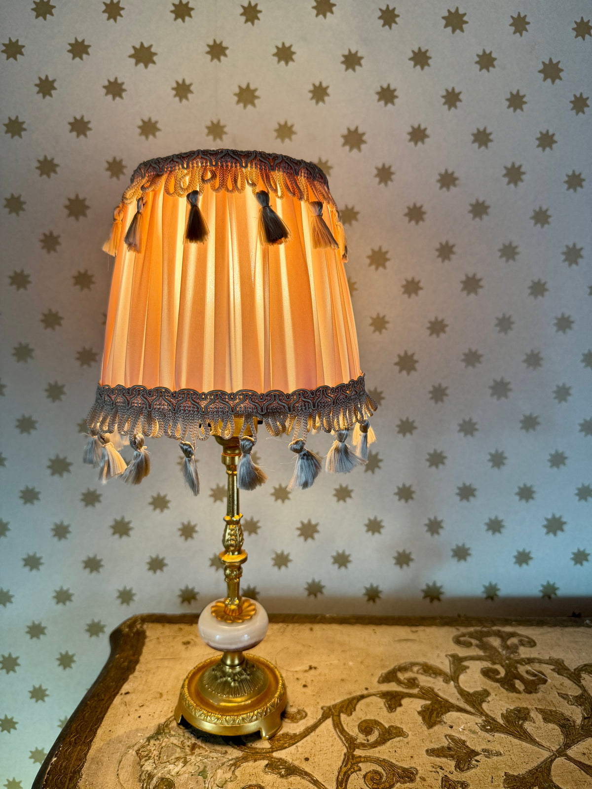 Blush Pink Gathered Lampshade with Oyster Tassel Trim