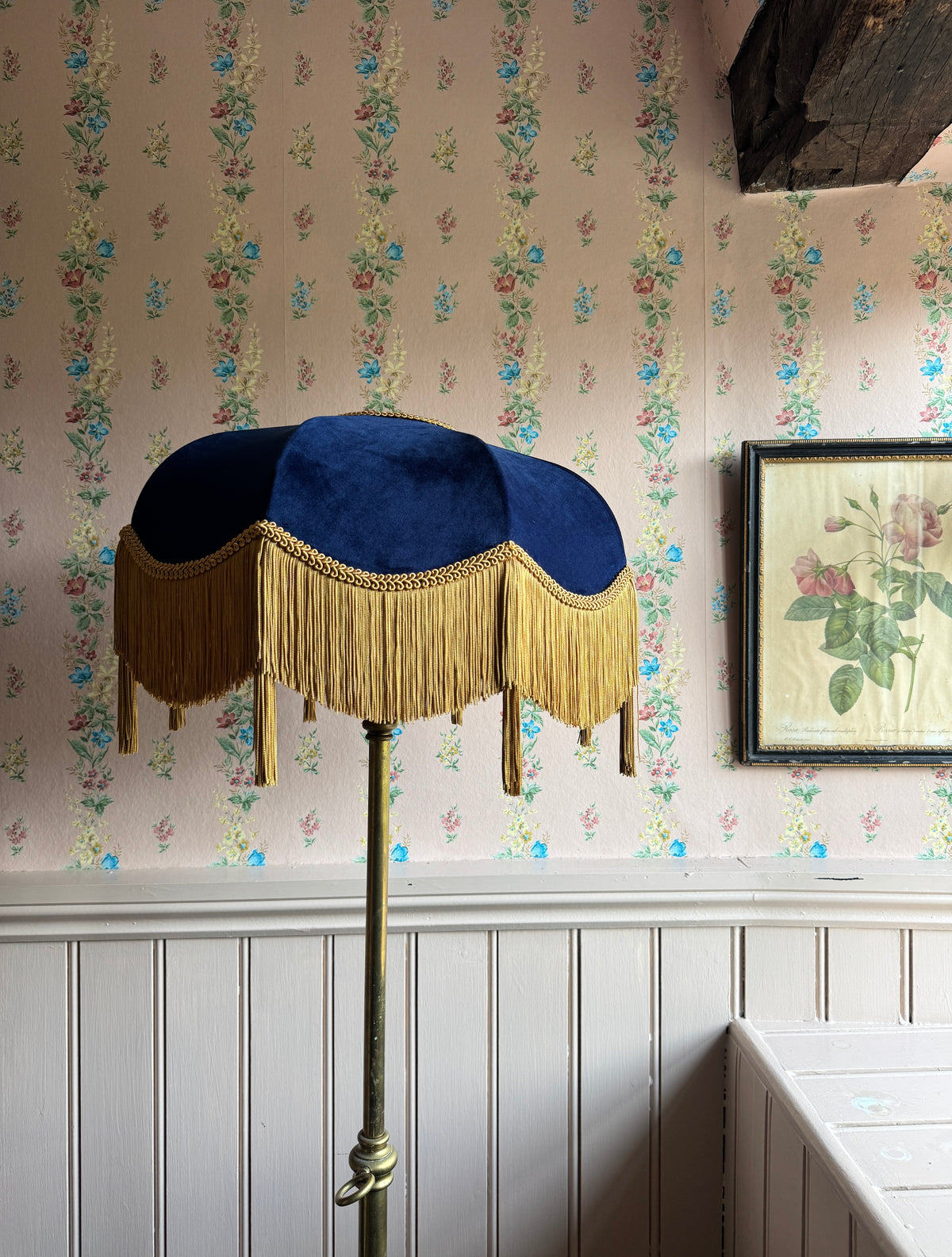 Handmade Navy Blue Velvet Fringe Lampshade With Gold Silk Fringe & Tassels