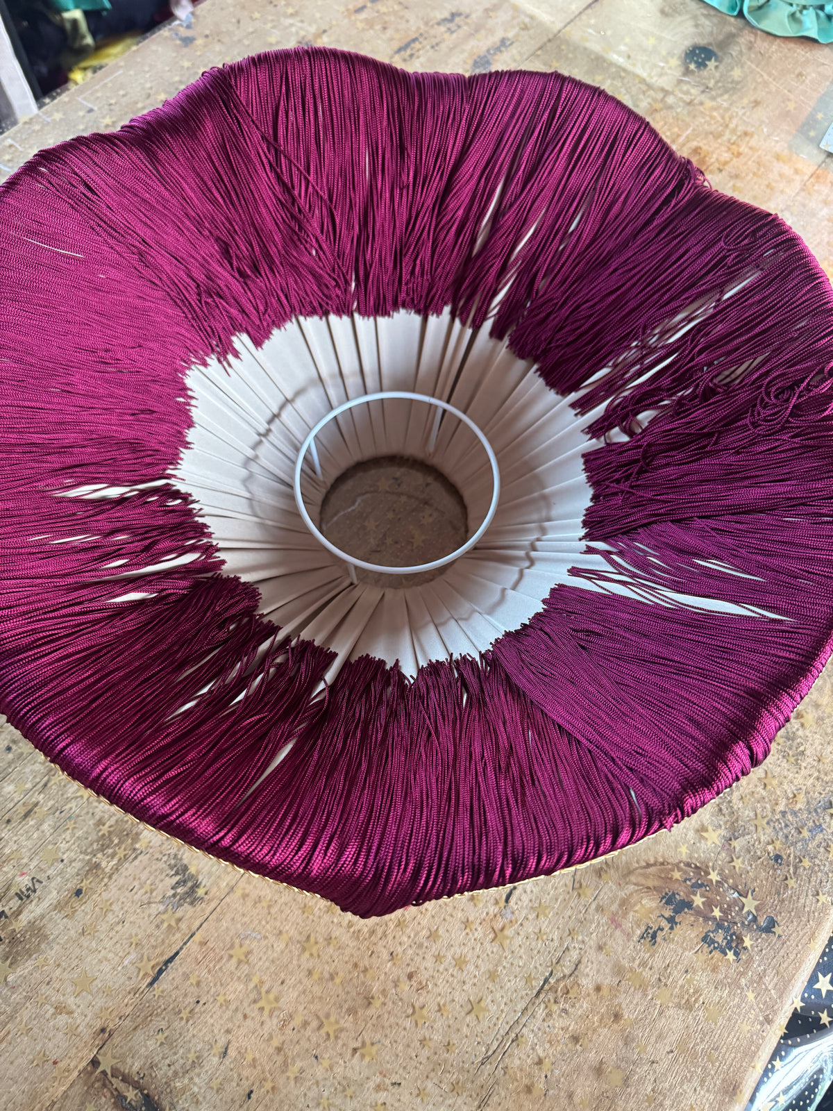 Handmade Navy Blue Velvet Fringe Lampshade With Red Wine Fringe and Gold Silk Braid