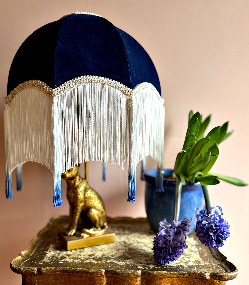 Handmade Navy Blue & White Dip Dye Fringe Lampshade