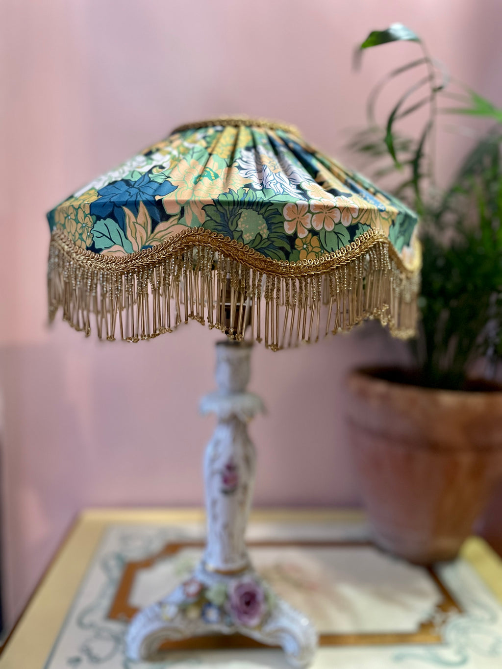 Handmade Floral Lampshade with Gold Bead Fringe